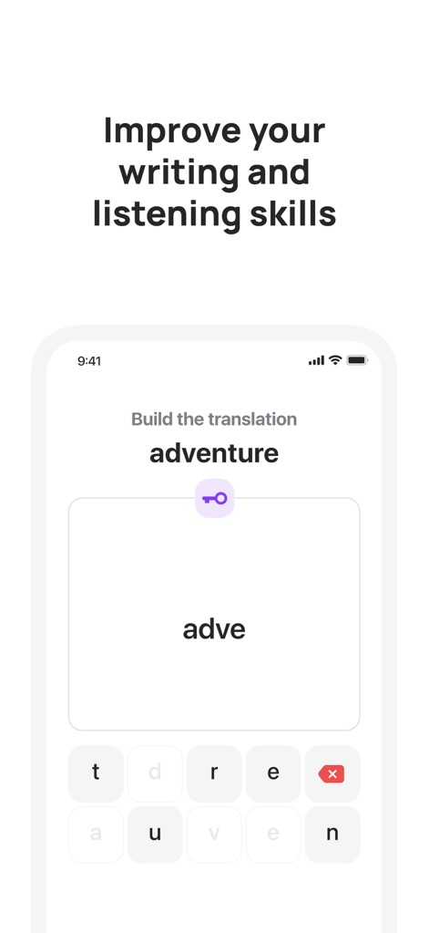10 Minute English - Refine writing and listening abilities with the app's engaging word-building exercise, allowing users to assemble words like "adventure" using interactive letter tiles.
