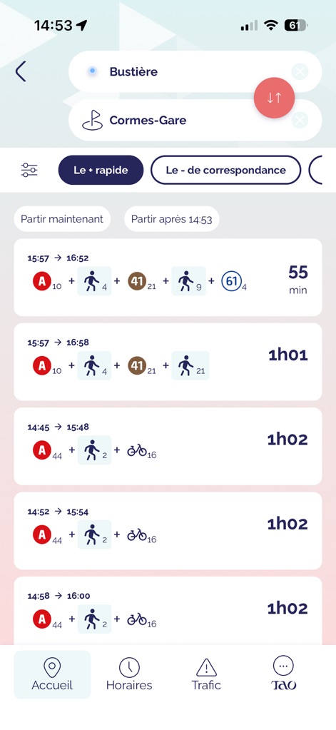 Tao Orléans - Questo strumento offre diverse opzioni di itinerario tra due punti, mostrando dettagli come la durata totale del viaggio (ad esempio 55 min) e una chiara rappresentazione dei mezzi di trasporto utilizzati attraverso specifiche icone.