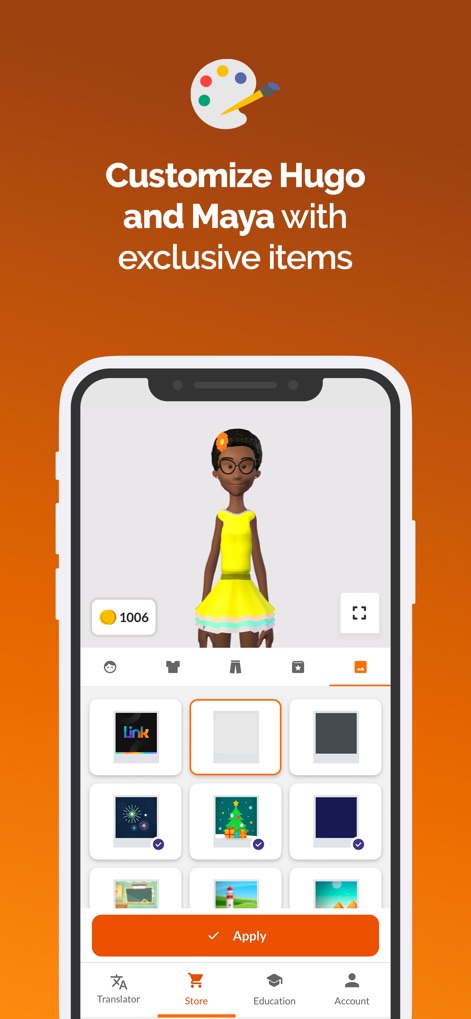 Hand Talk: ASL Sign Language - Os usuários podem personalizar seus avatares Hugo e Maya com diversos itens exclusivos e planos de fundo, tornando a experiência de aprendizado única e envolvente.