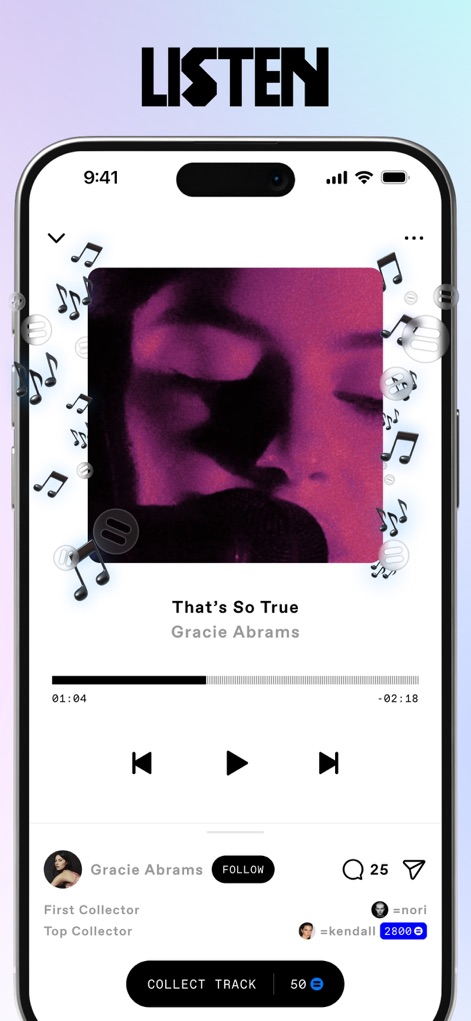 EQUALS: Make Friends via Music - The app provides seamless music playback with a clean interface displaying current track details, alongside a "Collect Track" button and social engagement icons for deeper interaction.