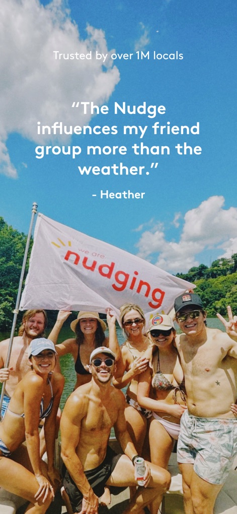 The Nudge - Esta captura enfatiza a "comunidade de usuários" do aplicativo, compartilhando experiências, e apresenta um depoimento real de "Heather" que valida a relevância da ferramenta.