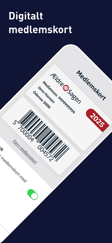 Ældre Sagen Tilbud - 이 화면은 디지털 멤버십 카드 기능을 선보이며, 사용자는 자신의 고유한 바코드와 멤버십 만료 연도와 같은 세부 정보를 확인할 수 있습니다.