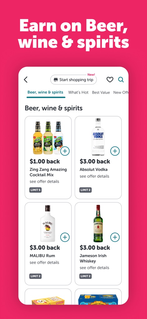 Ibotta: Save & Earn Cash Back - The app extends savings to specific beverage categories, featuring offers for products like "Zing Zang Cocktail Mix" and "Absolut Vodka", clearly organized under the "Beer, wine & spirits" tab.
