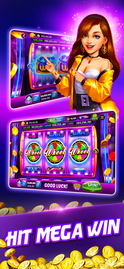 Lotsa Slots™ - Vegas Casino - The app showcases dynamic wheel symbols across the reels, encouraging users to 'HIT MEGA WIN' with every spin.