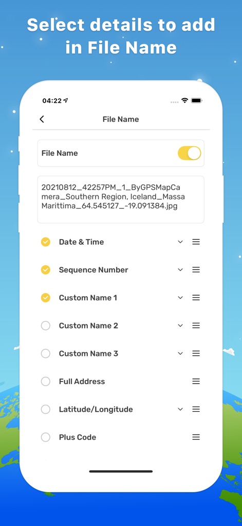 GPS Map Camera : Geo Photos - Discover how users can leverage customizable file naming options, including the automatic inclusion of date & time and sequence numbers, for efficient organization.