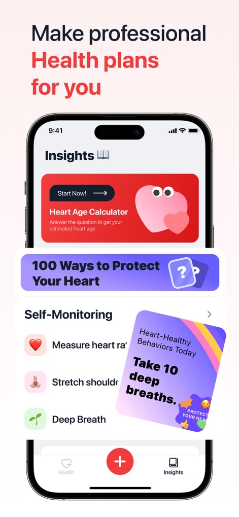 iHeart-Pulse Rate Monitor App. - The app offers tools like the Heart Age Calculator and provides actionable self-monitoring tips, such as guided deep breathing exercises.