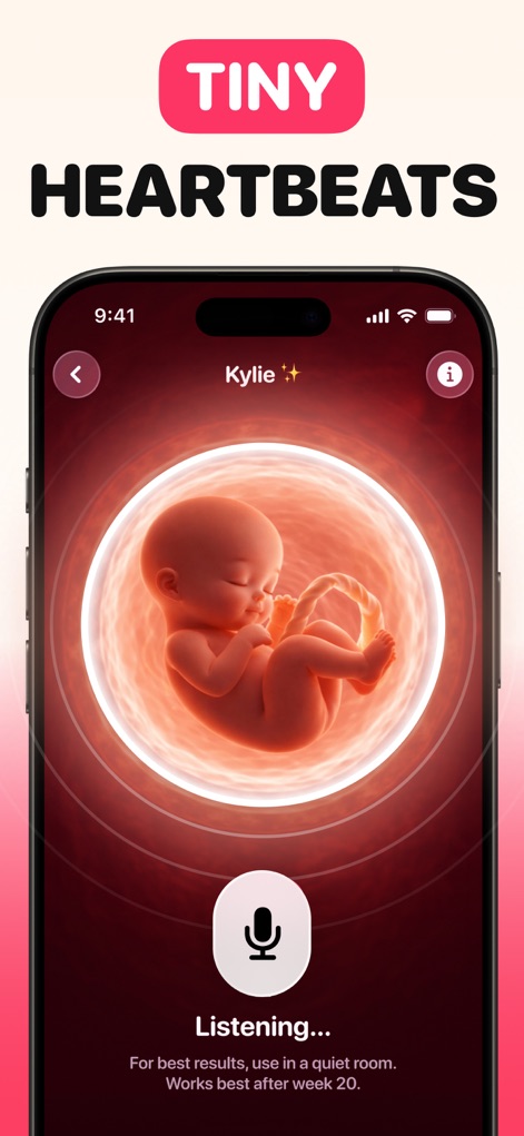 Baby Heartbeat Monitor - Molio - Explore the live listening screen, showcasing a detailed fetus illustration and helpful in-app instructions for optimal use after week 20.