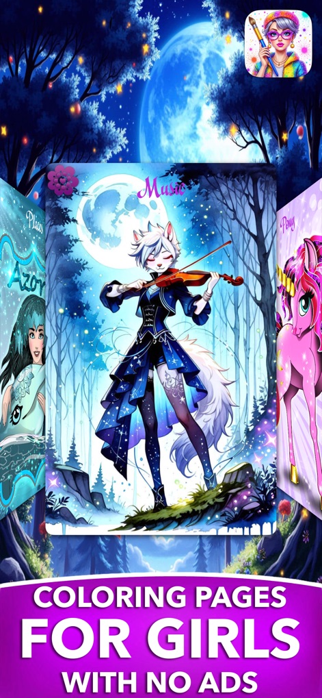 PONY Coloring Pages for Girls - La aplicación ofrece una diversa selección de páginas temáticas, desde un personaje musical en un bosque encantado hasta encantadores ponies, garantizando una experiencia de coloración sin interrupciones por anuncios.