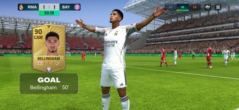 EA SPORTS FC™ Mobile Soccer 26 - La aplicación resalta la celebración de un gol, mostrando al jugador Jude Bellingham en el campo y su detallada carta de rendimiento con una calificación de 90 CAM.