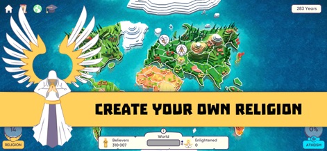 Religion inc. God Simulator - 이 스크린샷은 전 세계 지도를 배경으로 나만의 종교를 만들 수 있는 기능을 보여줍니다. 사용자는 기도하는 형상의 캐릭터와 하단에 표시된 신자 수 및 무신론자 비율을 통해 자신의 종교가 세계에 미치는 영향을 확인할 수 있습니다.