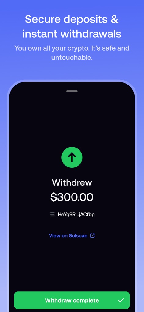 fomo - never miss out - This screen confirms secure withdrawals with a clear transaction summary and offers a direct link to Solscan for immediate, transparent blockchain verification.