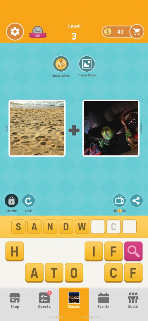 Pictoword: Fun Word Quiz Games - See how the app presents dual picture puzzles for players to combine visually, along with interactive letter tiles to construct the answer.