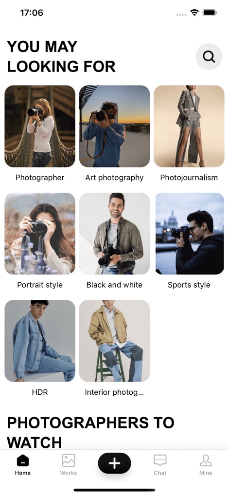 Tjgo - Video Chat，Adult Share - Esta tela de descoberta organiza o conteúdo em categorias como 'Fotógrafo' e 'Fotografia de Arte', oferecendo uma busca refinada por estilos visuais.