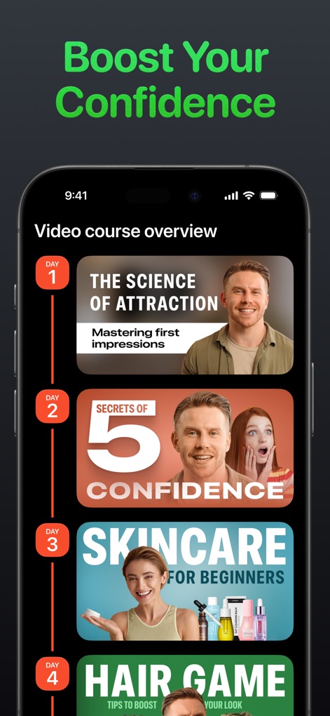 Maxxing: LooksMaxxing Glow Up - The platform offers structured video courses to enhance confidence, covering topics such as "The Science of Attraction" and "Secrets of Confidence."