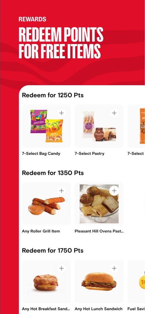 Speedway: Rewards & Shopping - See how users can easily "REDEEM POINTS FOR FREE ITEMS", choosing from a selection that includes popular options like 7-Select Bag Candy and any Roller Grill Item.