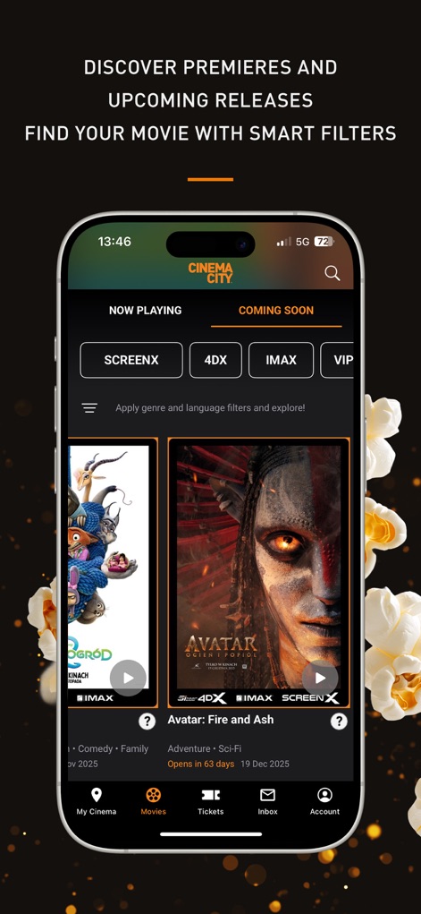 Cinema City: Movies & Tickets - This tool allows users to explore upcoming movie releases, complete with engaging film posters and convenient play buttons for trailers.