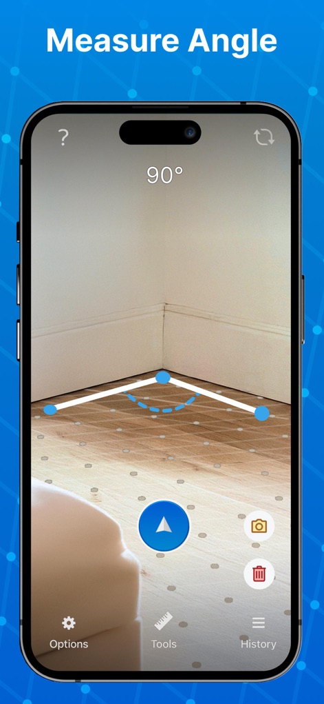 Tape Measure® - The app precisely measures angles in any space, visually representing the angle with AR lines and displaying the exact degree measurement, such as "90°".