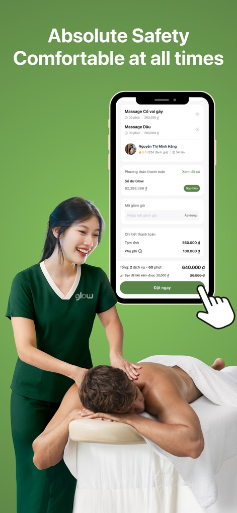 Glow - Massage & Spa 24/7 - L'interfaccia di pagamento illustra la trasparenza del servizio con il nome del terapista (Nguyen Thi Minh Hang) e il riepilogo dettagliato dei costi totali prima della conferma.