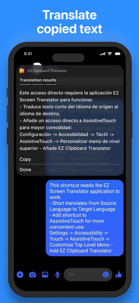 EZ Screen Translator - Understand how the app translates copied Spanish text directly into an English chat bubble, demonstrating its quick and integrated clipboard functionality.