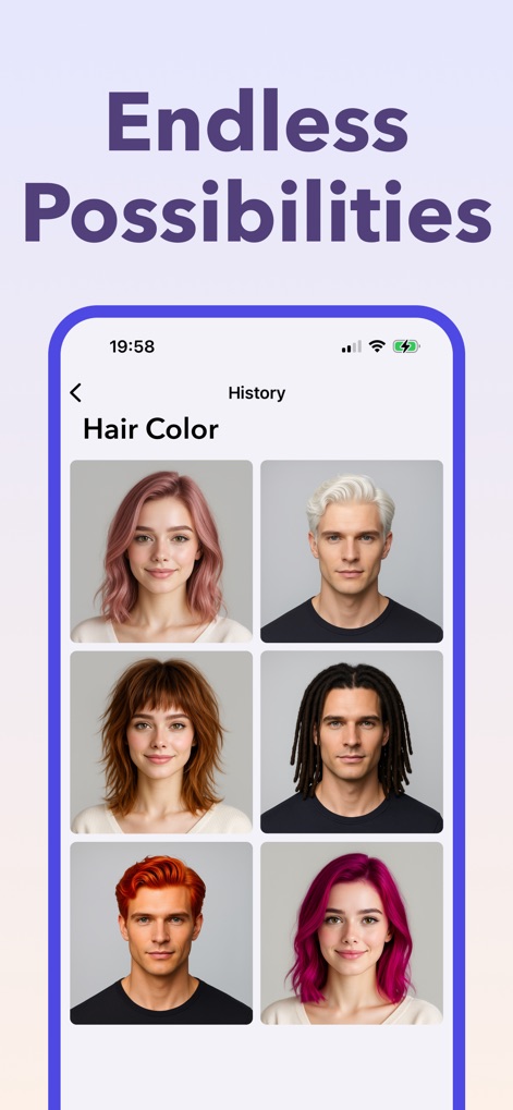 AI Hairstyle Try On - Witness the vast array of creative possibilities, from vibrant pink bobs to striking white hair, demonstrating the app's capability to transform both male and female users.