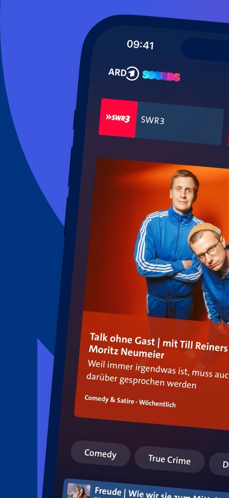 ARD Sounds - Explore the app's dynamic homepage, showcasing popular live radio stations like SWR3 and engaging podcast recommendations such as "Talk ohne Gast" with its clear genre tagging.
