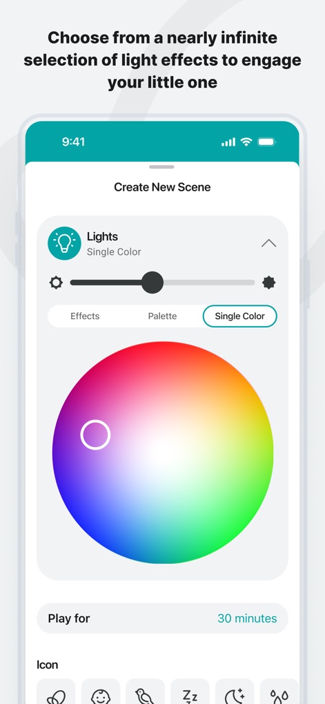 Evenflo - The app provides extensive customization for soothing scenes, allowing users to choose specific light effects and precisely select colors from a vibrant palette.