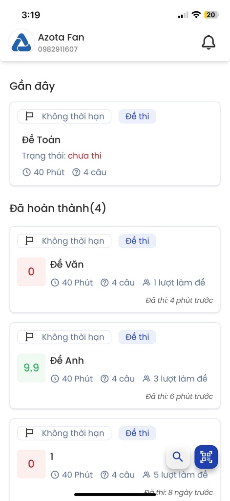 Azota Student - This tool provides a comprehensive overview of recent and completed assignments, clearly displaying exam scores and submission status.