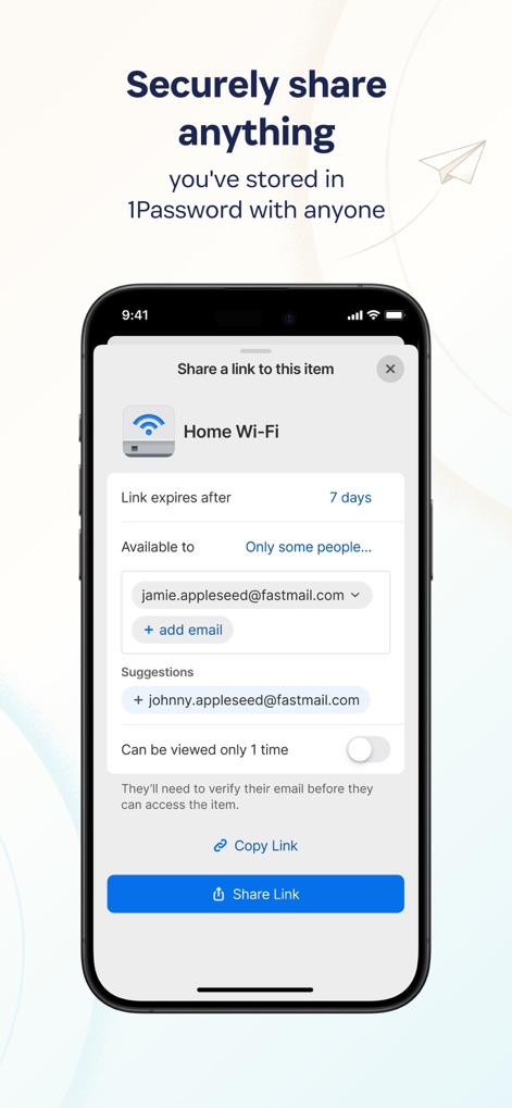 1Password: Password Manager - この画面は、Wi-Fi情報などのアイテムを安全に共有する機能を示しており、共有リンクの有効期限設定や特定のユーザーへの制限が可能です。