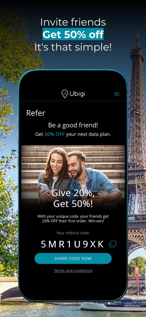 Ubigi: Travel eSIM mobile data - La pantalla de referidos presenta una atractiva oferta de un 50% de descuento para el usuario y un 20% para el amigo, destacando un campo claro para el código de referencia único y la opción "SHARE CODE NOW" para facilitar su difusión.