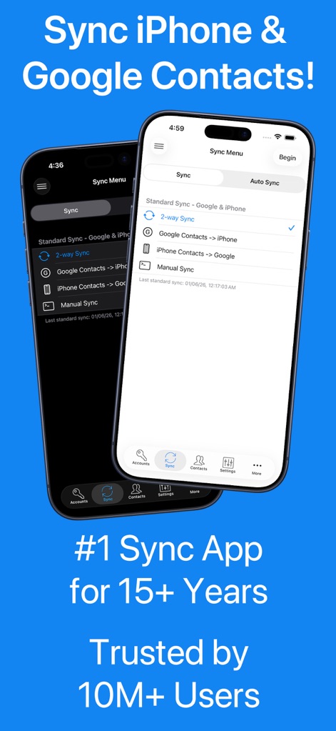 Contacts Sync: Google & More - Esta imagen resalta la interfaz de usuario intuitiva del menú de sincronización con opciones claras, mostrando un iPhone que permite seleccionar entre '2-way Sync' y opciones de sincronización unidireccional.
