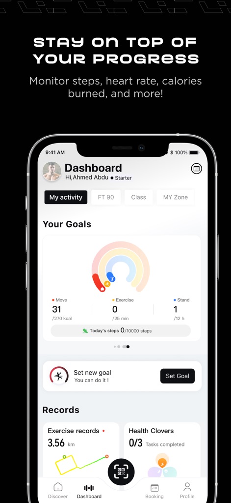Fitness Time | وقت اللياقة - Users can visualize their fitness journey through the 'Your Goals' rings and monitor detailed exercise records.