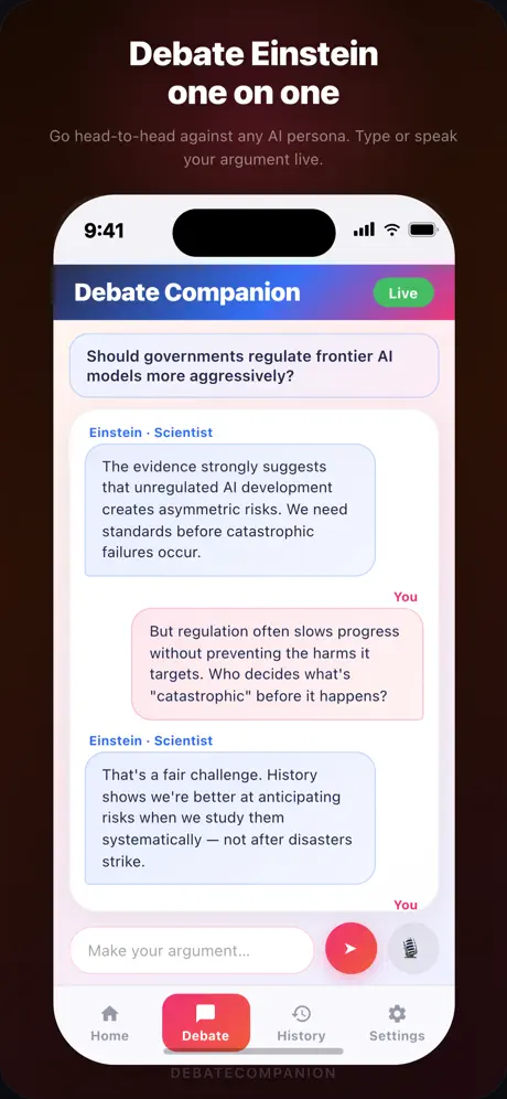 Debate Companion AI versus You debate screen