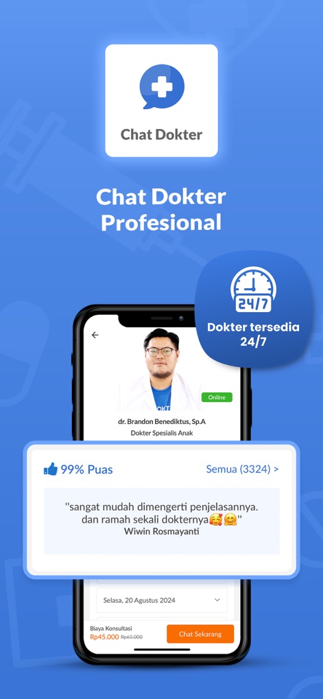 Alodokter: Chat Bersama Dokter - A captura ilustra a funcionalidade 'Chat Dokter', mostrando a disponibilidade de médicos 24/7 e o feedback positivo dos usuários com '99% Púas'.