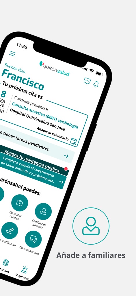 Quirónsalud - A interface inicial exibe a próxima consulta do usuário com detalhes como data (8 FEB 2025) e hora (13:30), enquanto a opção 'Añade a familiares' com o ícone de pessoa permite gerenciar perfis adicionais.