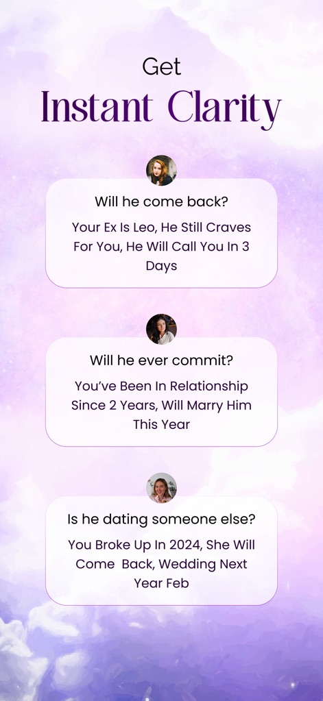 Lumus: Tarot & Psychic Reading - ユーザーは「彼は戻ってくる？」や「彼は他の人と付き合っている？」といった差し迫った質問に対し、具体的な未来を予測する「瞬時の回答」をすぐに受け取れます。