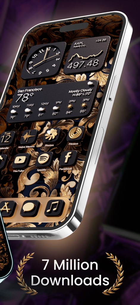 ThemeMe: Top Widgets & Themes - Dieses Tool bietet nahtlose Designintegration mit eleganten Schwarz-Gold-Symbolen und praktischen Widgets für Uhrzeit und Wetter.
