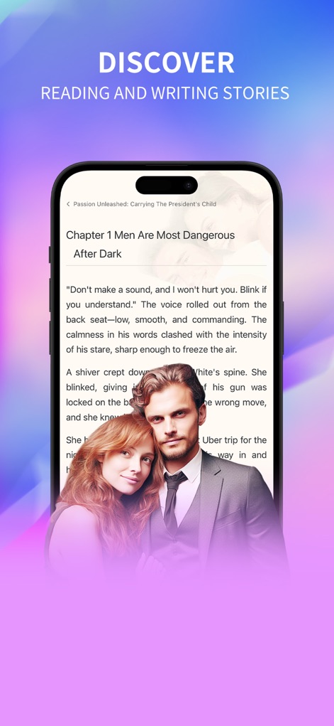 Litrad: Booktok, Reading Books - Experience the clean, accessible text layout for stories such as 'Chapter 1 Men Are Most Dangerous After Dark', accompanied by a subtle, thematic background image.