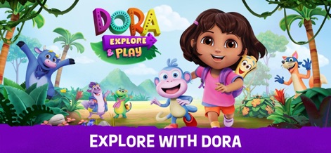 Dora: Explore and Play! - 사용자는 정글 배경에서 도라, 부츠 및 친구들과 함께 흥미진진한 모험을 시작하며, 앱의 이름인 'DORA EXPLORE & PLAY' 로고를 통해 주요 기능을 명확히 인지할 수 있습니다.