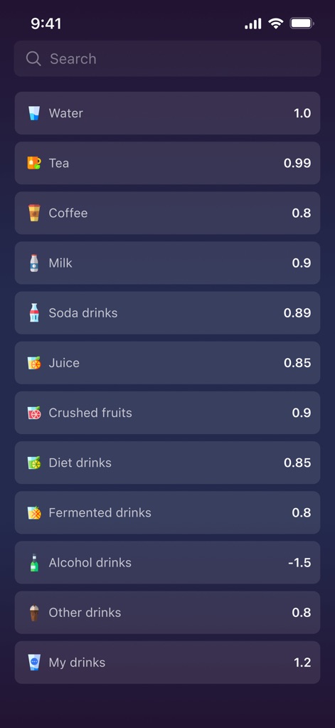 Drink water: Drinking reminder - The app provides an extensive list of drinks, allowing users to search for specific beverages and view their respective water absorption percentages.
