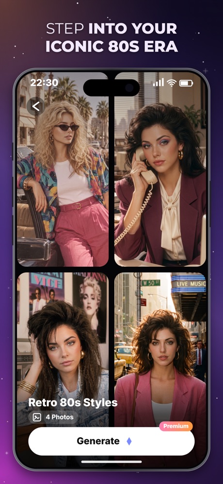 ReelMe: AI Photo & Video App Store screenshot 3, headline “STEP INTO YOUR ICONIC 80S ERA”. Uses a number.