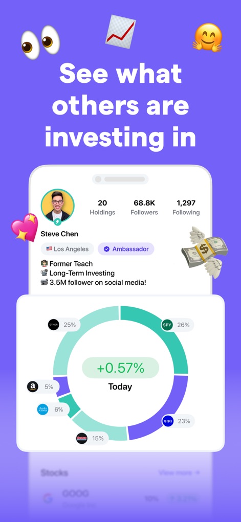 Blossom: Social Investing - Users can explore verified investor profiles, including their holdings and follower count, and visualize their real-time asset allocation with daily performance changes.