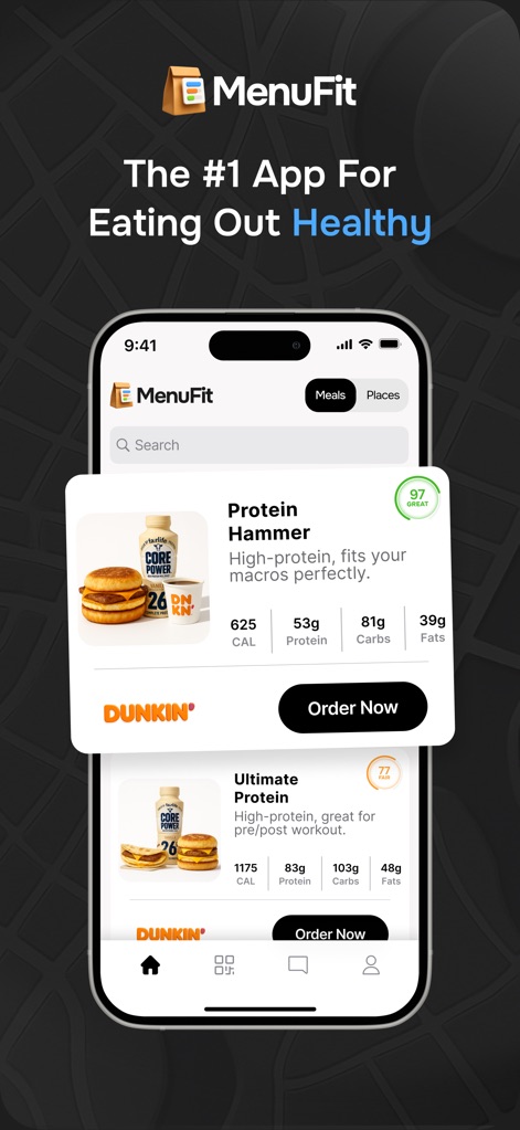 MenuFit - Healthy Eating Out - The app provides detailed nutritional breakdowns, including calories and protein, alongside a clear 'GREAT' rating to guide healthy choices.