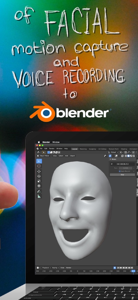 Mimic XR - Esta captura resalta la fluida integración con entornos profesionales, evidenciando la interfaz de Blender activa con un modelo 3D y la representación detallada de expresiones faciales que demuestran el control de animación.