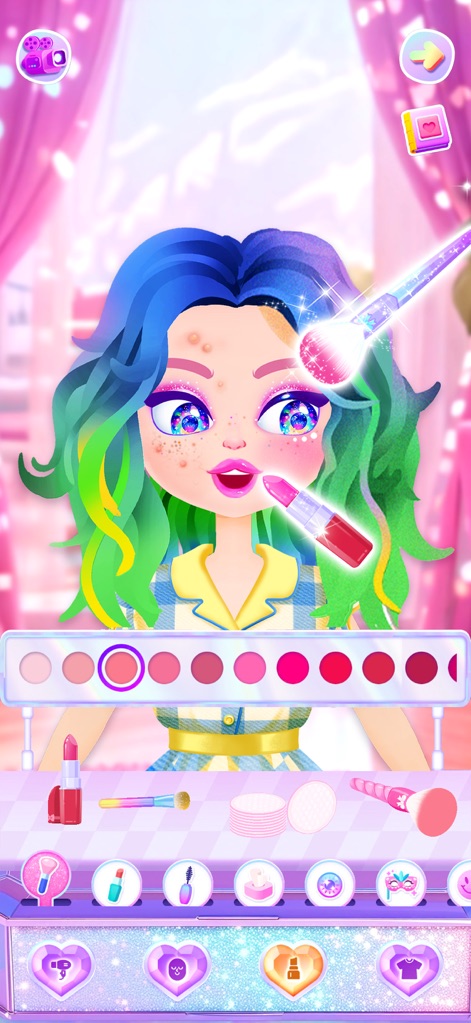Aha Makeover-Beauty Salon Game - Nutzer können die vielfältigen Make-up-Optionen des Tools erkunden, wie die breite Palette von Lippenstiftfarben und die interaktive Anwendung mit einem Make-up-Pinsel.