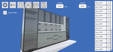 Kitchen Editor 3D: Design App - The app showcases diverse cabinetry styles, including sleek glass-front units, and provides options to save and open project copies for iterative design.