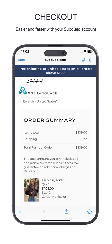 Subdued - L'app mostra un chiaro "Riepilogo Ordine" con tutti i dettagli dell'articolo e informazioni sulla "spedizione gratuita" per una transazione trasparente.