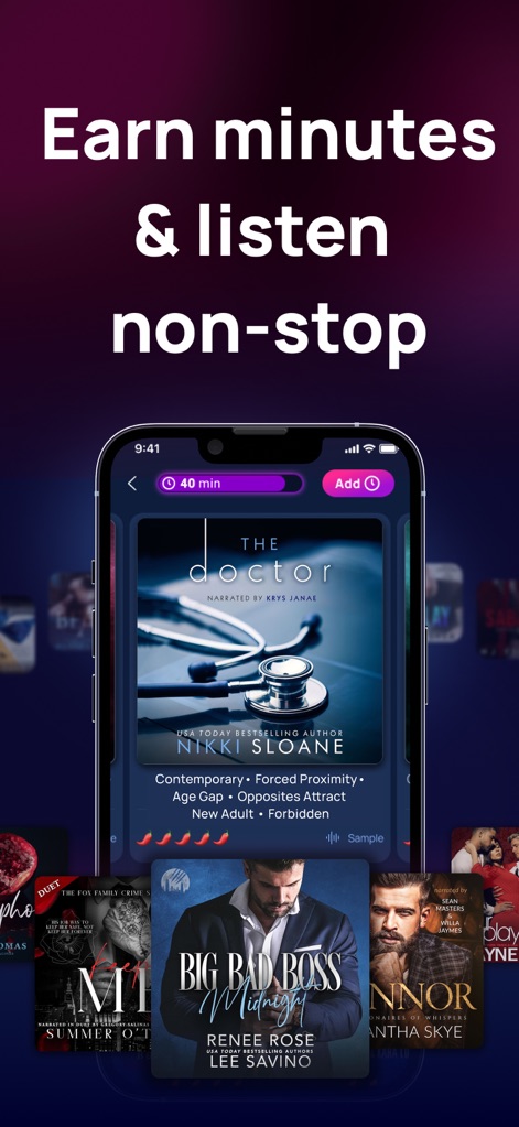 Freewave: Romance Audiobooks - 사용자는 광고 시청을 통해 청취 시간을 적립할 수 있으며, 상단의 '40분' 표시와 책 상세 화면에서 제공되는 감상 옵션으로 중단 없는 몰입을 경험합니다.