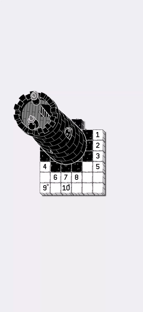 LOK Digital - Explorez l'univers unique de LOK Digital, où des structures 3D complexes comme cette tour s'intègrent aux grilles numérotées, guidant les joueurs à travers des défis logiques.