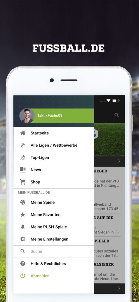 FUSSBALL.DE - Nutzer erhalten über die übersichtliche Navigation direkten Zugriff auf alle wichtigen Bereiche der App, inklusive personalisierter Optionen wie "Meine Spiele" und dem eigenen "Profil".