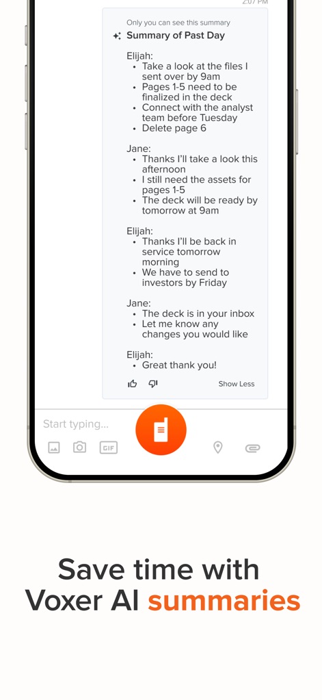 Voxer Walkie Talkie Messenger - Observe how "Voxer AI summaries" condense chat conversations into concise bullet points, enhancing information digestion and saving time.
